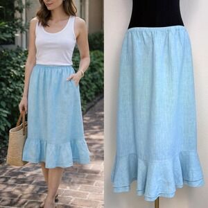 Fresh Produce 100% Linen Ruffle Midi Skirt, Blue XL Elastic Waist Natural fibers